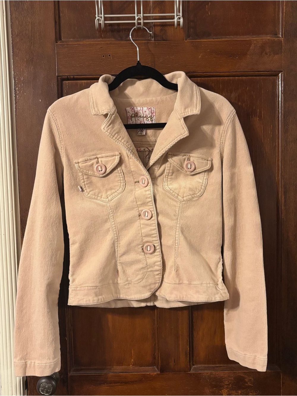 y2k peach pink corduroy button up jacket with pocket detailings
